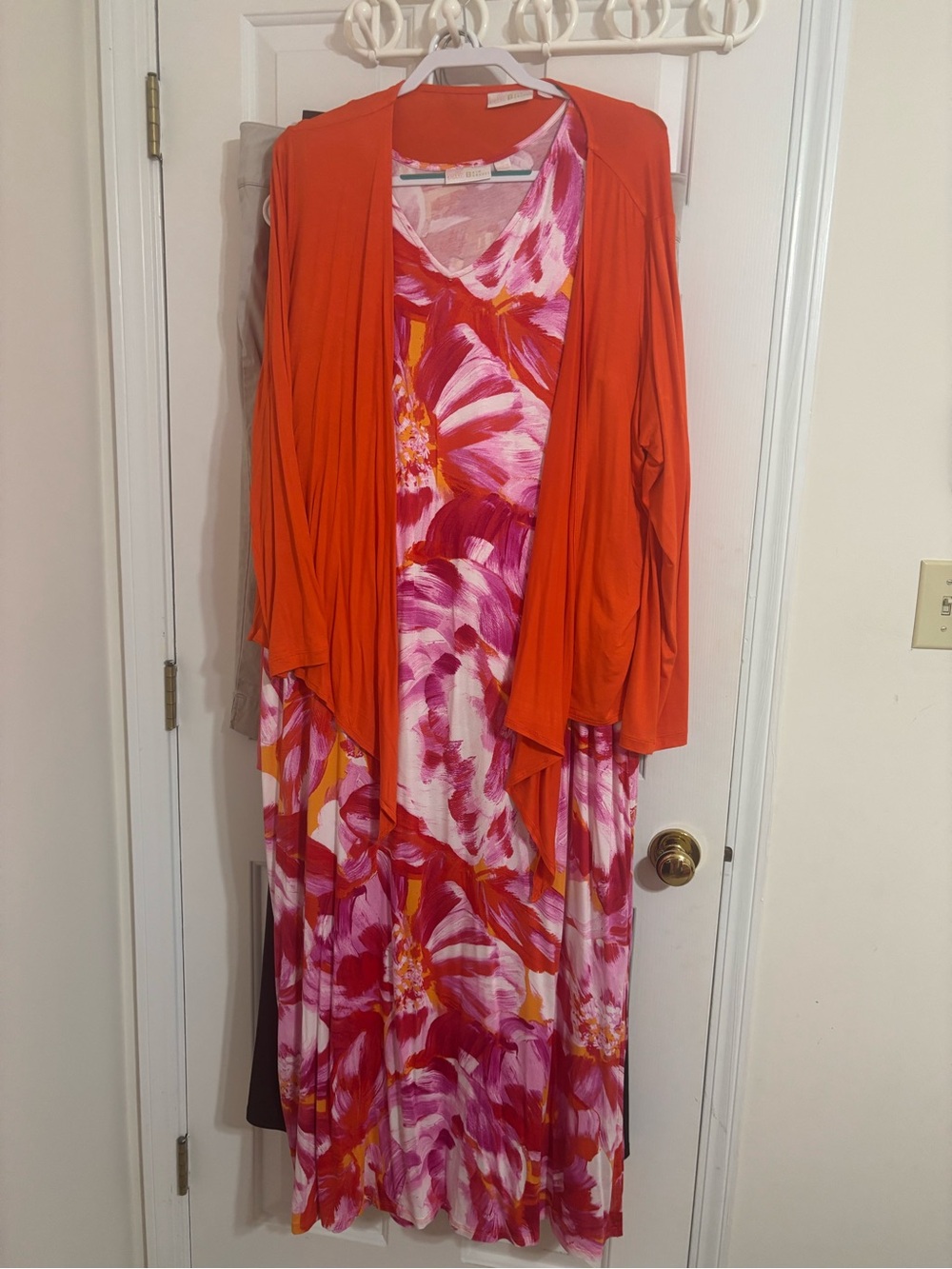 Belle by Kim Gravel Pink, Orange & White Floral Maxi Dress with Orange Cardigan